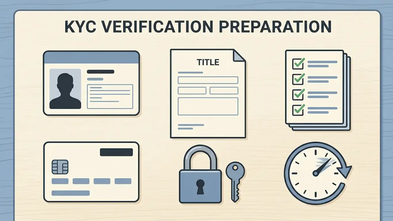 Editorial KYC checklist with identity, address, payment and payout lock symbols