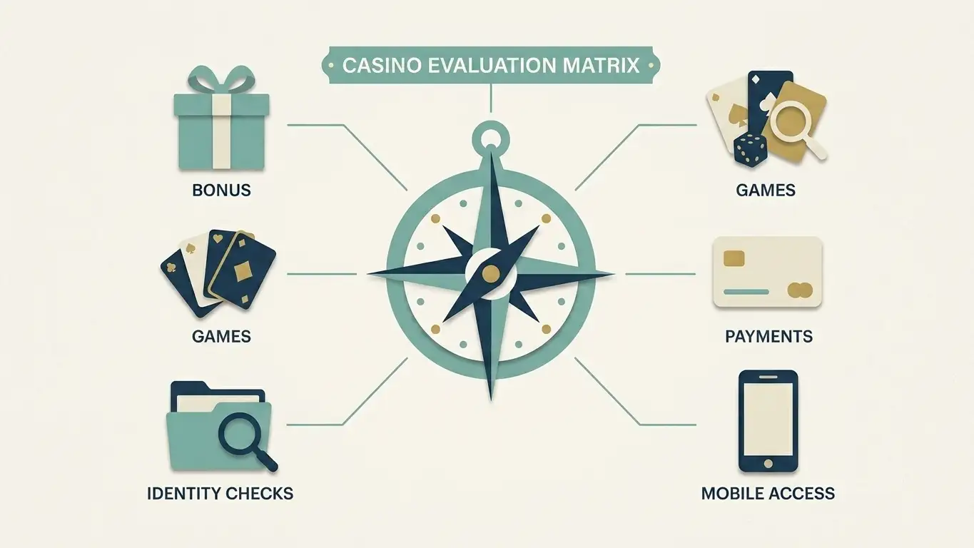 Illustrated decision matrix for SpinShark bonus games payments mobile and trust checks