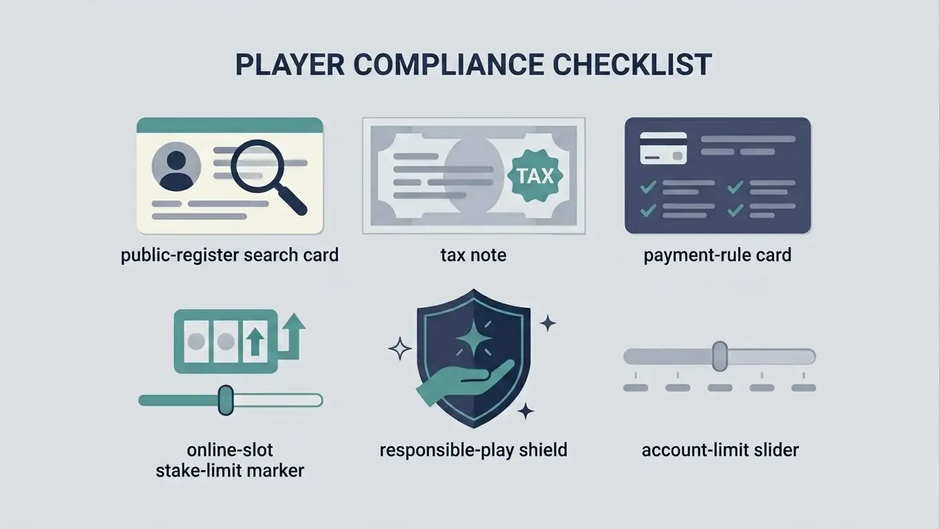 Editorial SpinShark UK player checklist with register, tax, payment and slot-limit symbols